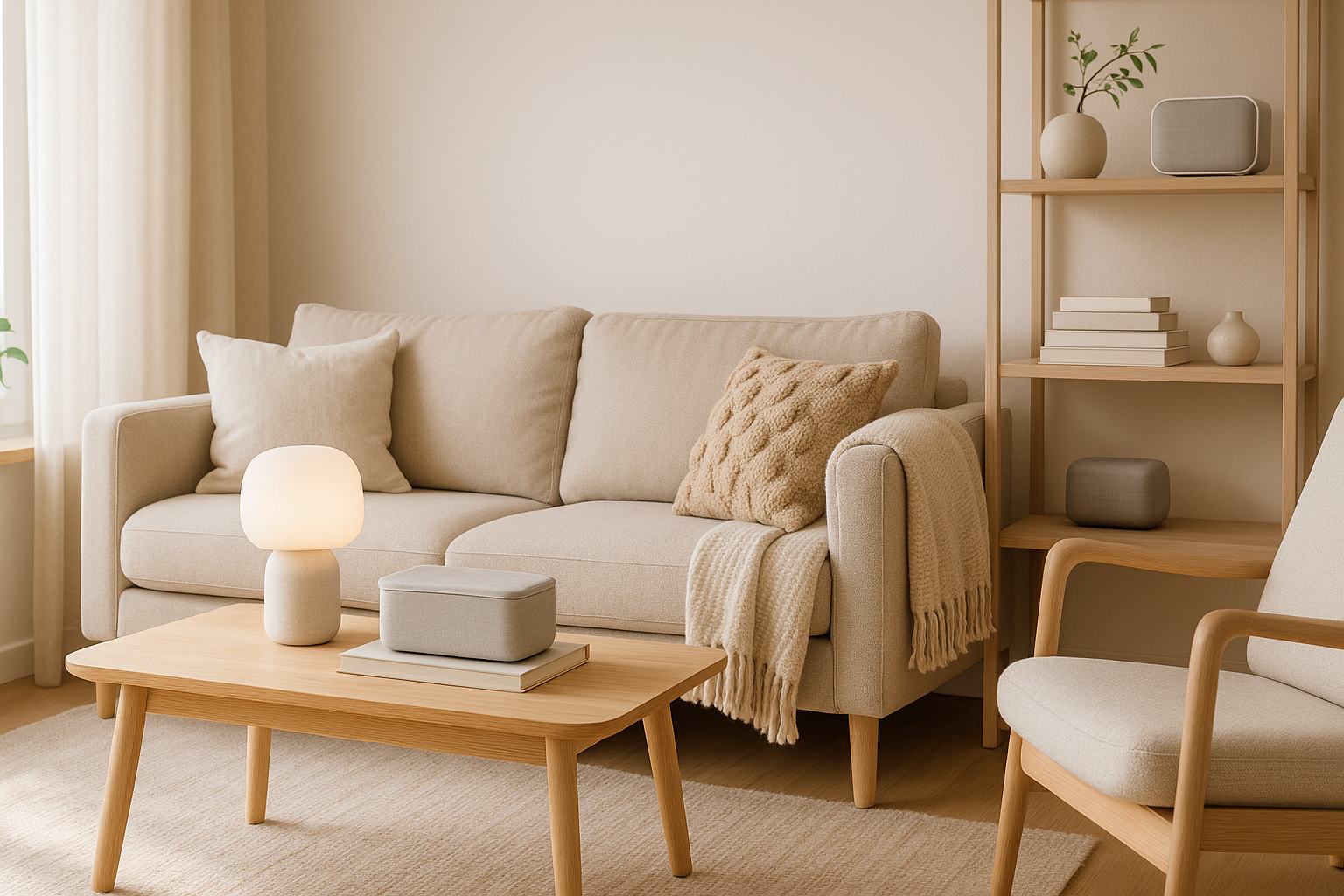 Jasny, nowoczesny salon w stylu skandynawskim, pełen naturalnego światła, z minimalistycznymi meblami. Na stoliku kawowym i półkach widoczne są subtelne, eleganckie gadżety do domu (stylowa lampka, mały organizer, nowoczesny głośnik). Atmosfera czysta, spokojna i premium, pokazująca komfort i wygodę. Zdjęcie lifestyle wysokiej jakości, szeroki format banera.
Niech pokój będzie przytulny